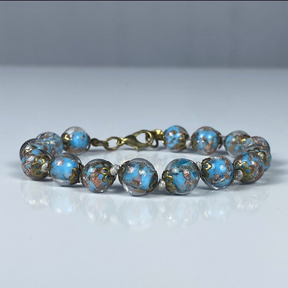 Vintage Venetian Foil Copper Aqua Blue Hand Knotted Bracelet